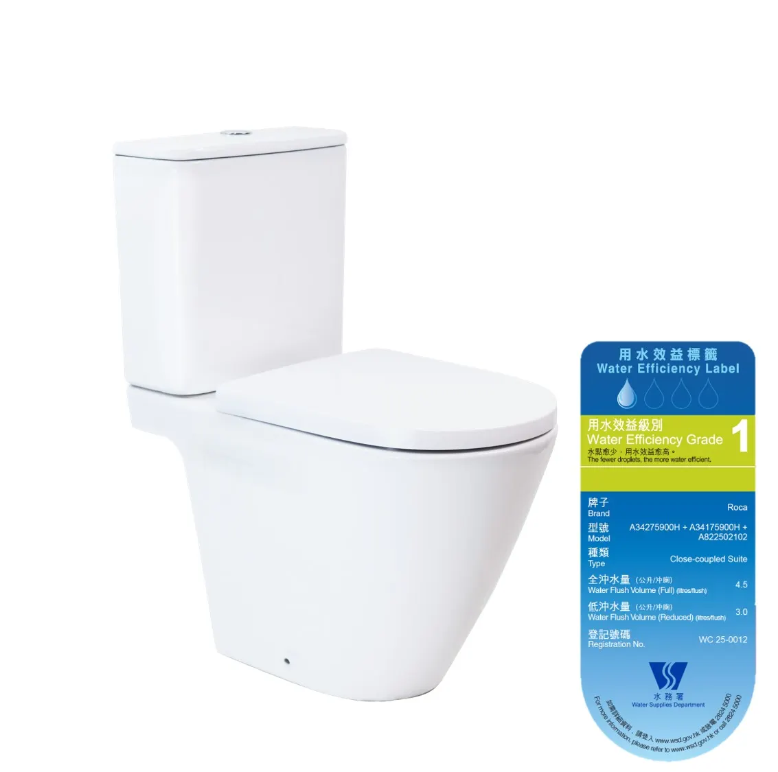 Roca Atis-V Rimless® Vortex 自由咀分體座廁配配歐樂油壓板套裝 341759+342759+801A22 白色