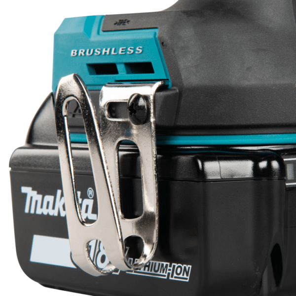 Makita DTD201Z 金屬掛鉤及無碳刷馬達標示特寫