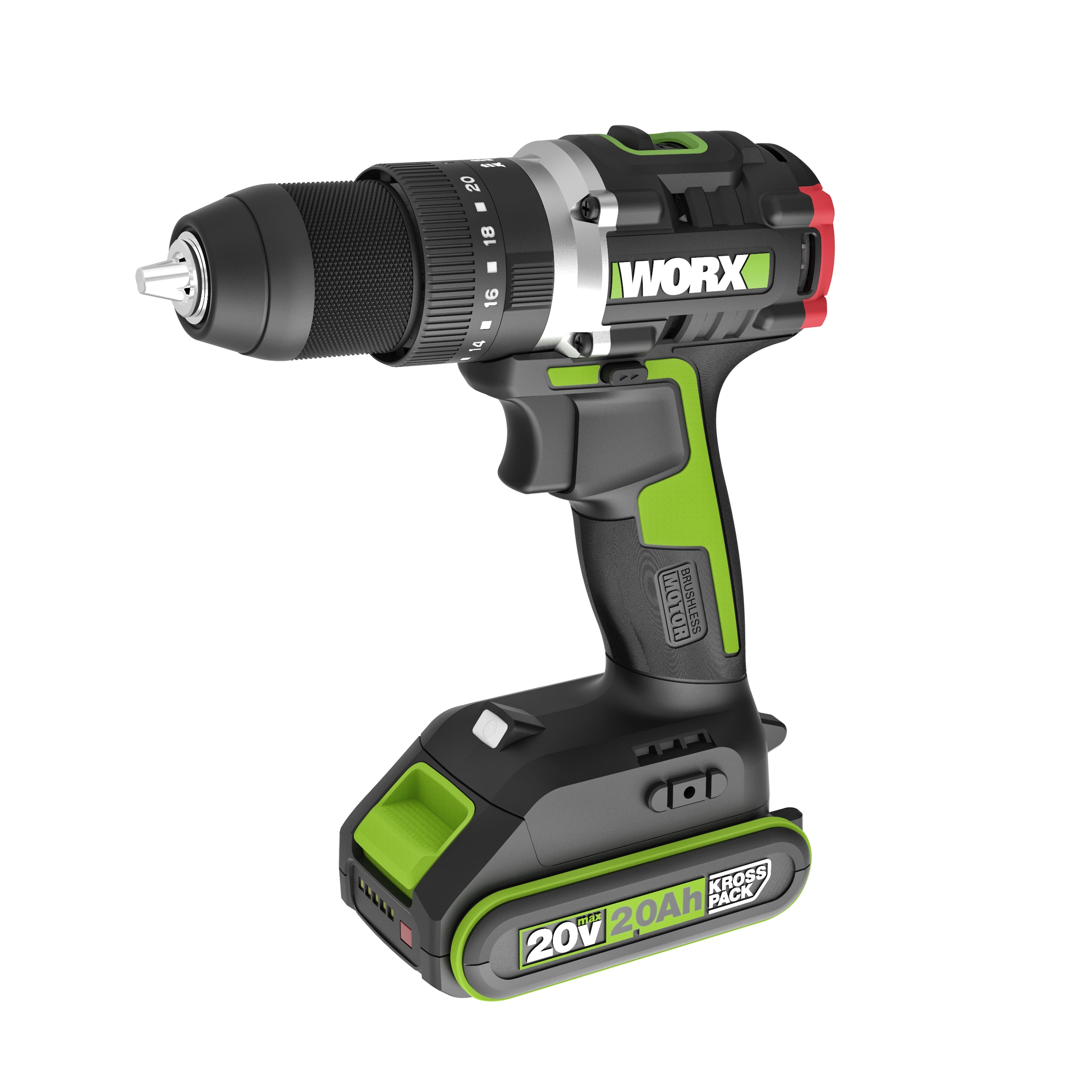 WORX 威克士 WU369X 20V 無刷衝擊電鑽連 20V 2.0Ah 鋰電池,白底產品圖,可見 13mm 金屬夾頭及 20+1+1 扭力調節環