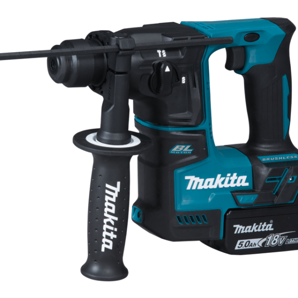 Makita 牧田 DHR171RGE 18V 充電式電錘,已裝上側柄、電池及 SDS-PLUS 鑽咀