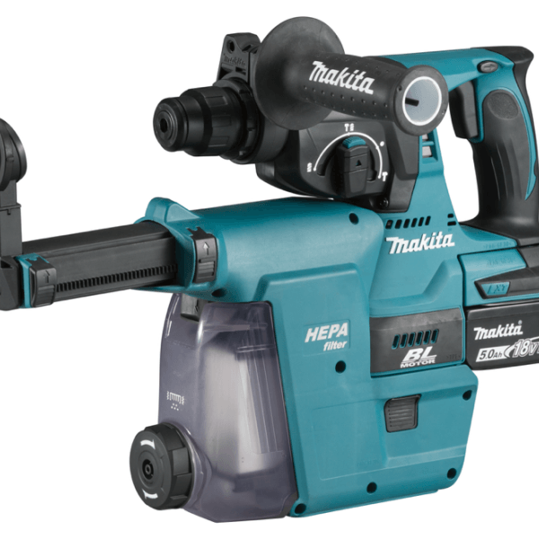 Makita 牧田 DHR242Z 充電式電錘另一角度,顯示 HEPA 集塵盒及功能模式選擇掣