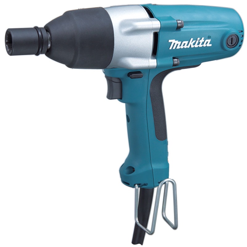 Makita 牧田 TW0200 電動扳手側面全機圖,配 12.7mm 四方驅動軸及金屬掛鈎