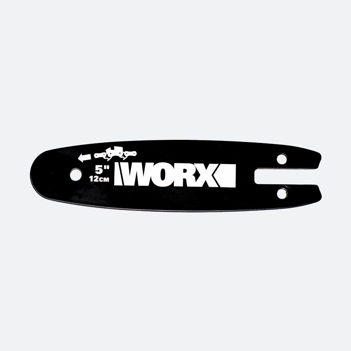 WORX 威克士 WA0151 12cm 鏈鋸導板正面全貌,板身印有 5" 12CM 尺寸與鏈條方向標示