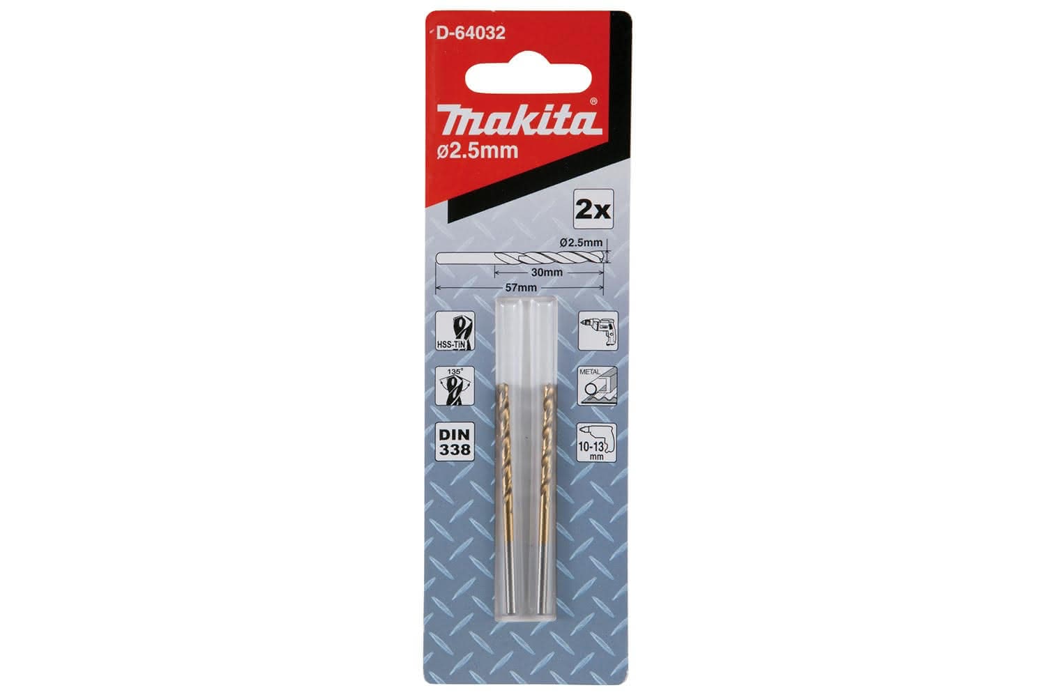 Makita D-64032 2.5毫米HSS鍍鈦金屬鑽頭(包裝正面)