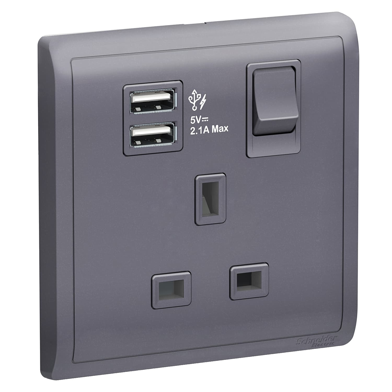 Schneider 施耐德電氣 Pieno 丰尚 13A 單位連保護門有掣插座連兩位USB充電插座 E8215USB_LS(薰衣草銀)香港行貨