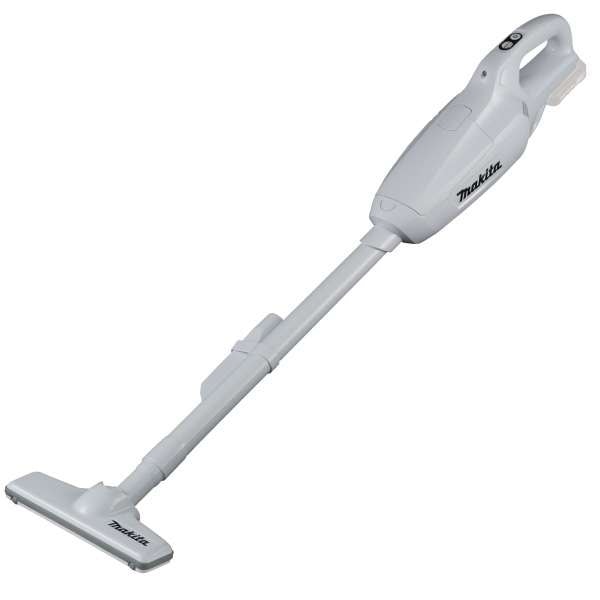 Makita 牧田 CL107FDSMW 白色 12V 充電式吸塵機全機正面圖,連 T 型吸咀及伸縮喉管