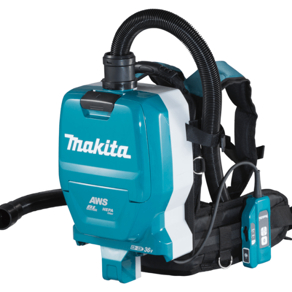 Makita 牧田 DVC265ZX5U 18Vx2 充電式背負集塵機主機連軟管及背帶正面圖