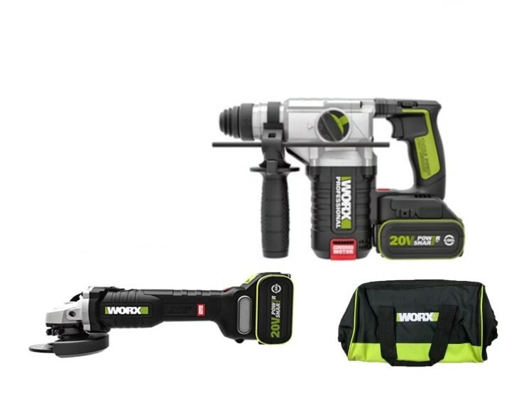 WORX 威克士 WU934BAG.1 20V 無刷鋰電組合套裝:WU388 三用電錘、WU805 100mm 角磨機、20V 鋰電池及 WORX 工具袋