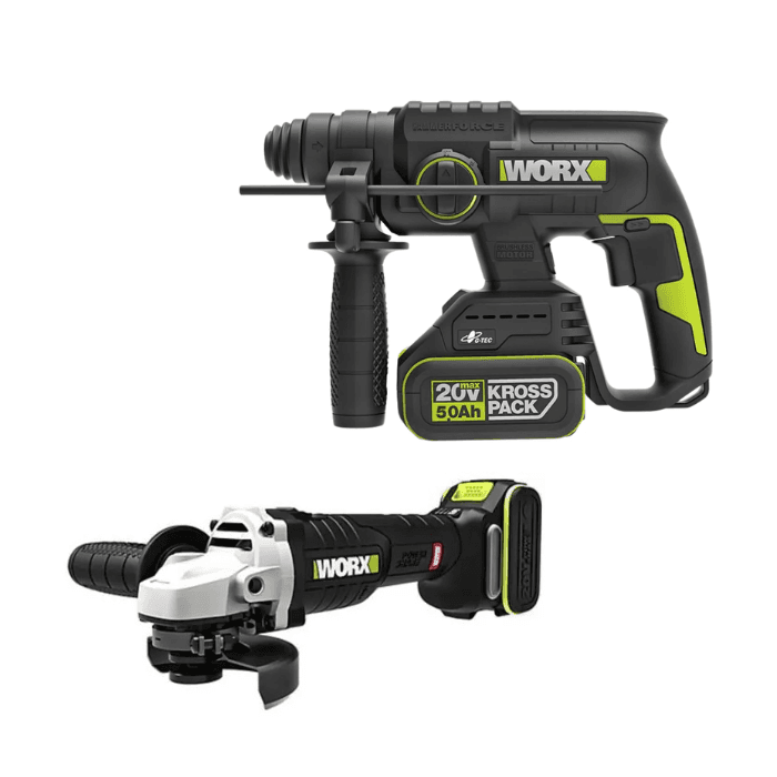WORX 威克士 WU933BAG.1 20V 無刷電錘+角磨機 組合套裝 5.0Ah鋰電x2 6A充電器x1