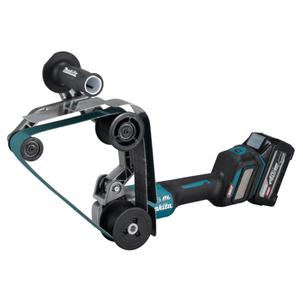 Makita 牧田 BS002GZ 40V 充電式管道砂帶機主圖,展示砂帶臂、導輪及機身