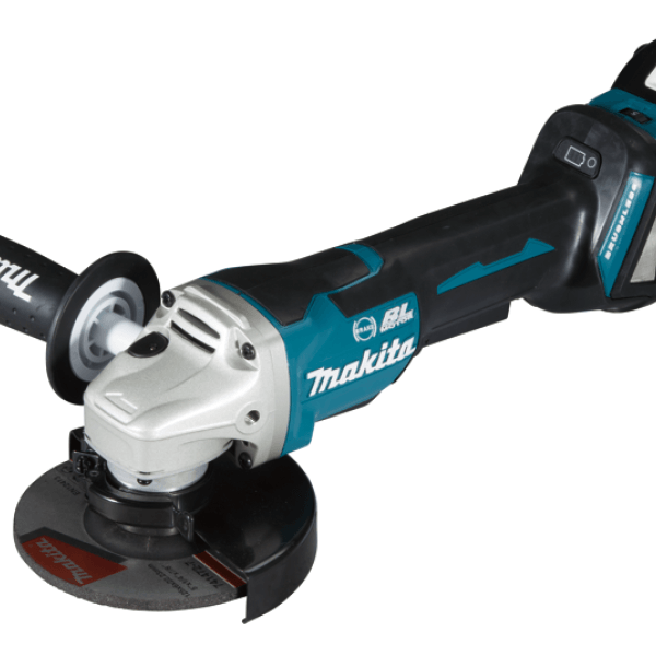 Makita 牧田 DGA517Z 18V 充電式角向磨光機側面產品圖,配備 125 mm 砂輪片、輪罩及側柄