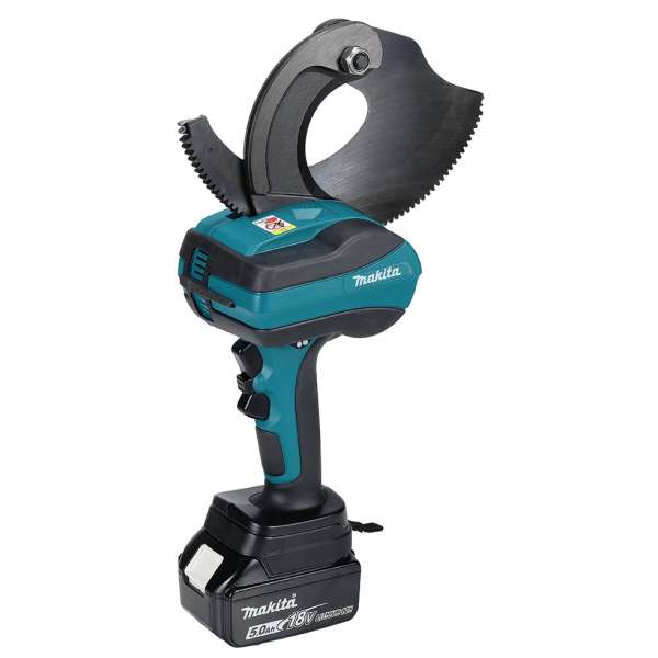 Makita 牧田 DTC102ZK 18V 充電式電纜剪斷機正面圖,封閉型刀片開啟,機身裝上 18V 電池(電池只作示意,不隨機附送)