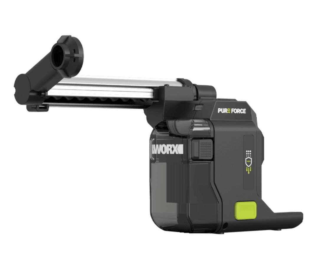 WORX 威克士 WA1603 電鎚集塵盒,白底產品圖,可見伸縮導桿、集塵杯及 HEPA 濾芯