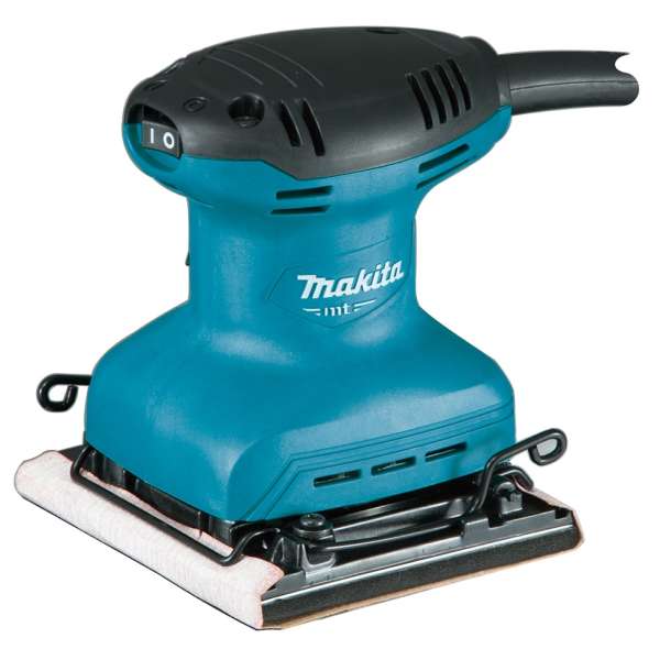 Makita 牧田 M9200B 平板砂光機正面外觀,藍色機身配砂紙底墊及電源線