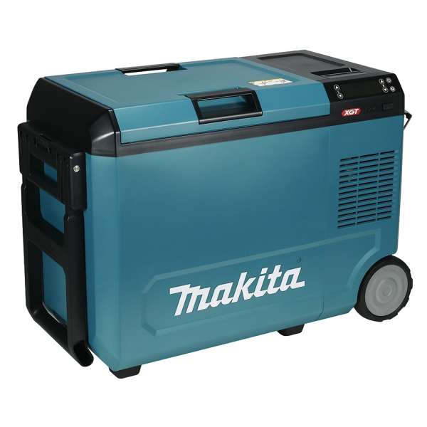 Makita CW004GZ 充電式冷暖保溫箱主機外觀,藍黑色機身連拖輪及拉桿
