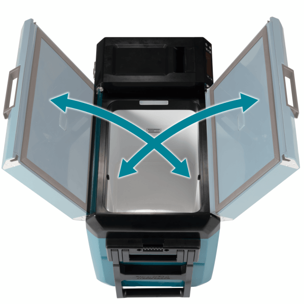 Makita CW004GZ 保溫箱俯視圖,上蓋可由左右兩邊打開或完全拆下