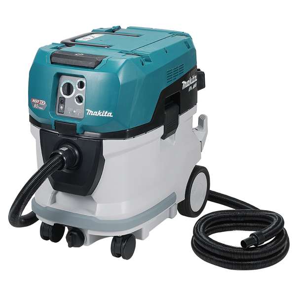 Makita 牧田 VC006GMZ03 40Vmax 充電式集塵機淨機正面圖,附軟管及滾輪機身