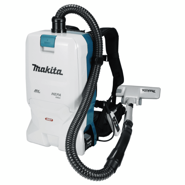 Makita 牧田 VC011GZ 40V 充電式背負集塵機全機圖,可見白色機身、背帶、旋轉軟管及吸咀