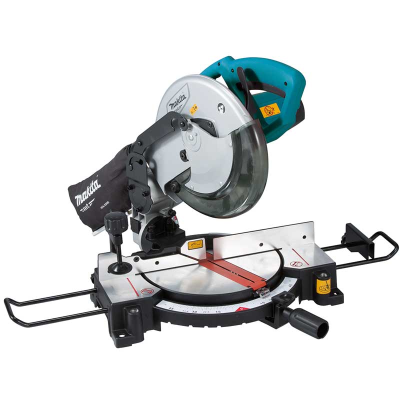 Makita 牧田 M2300B 255毫米複合斜斷鋸側前方角度,可見斜切刻度盤及透明鋸片護罩