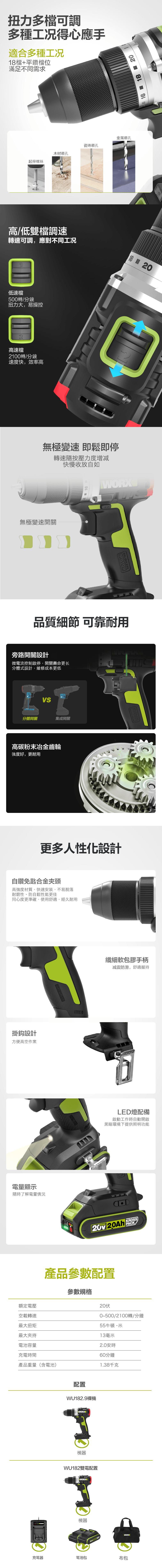 WORX WU182X 20V 2.0Ah 無碳 13mm 鋰電無碳電鑽