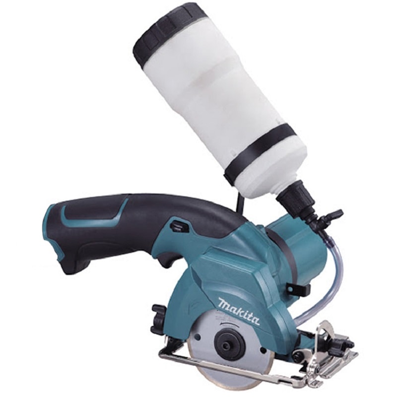 Makita 牧田 CC300DZ 10.8V 充電切割機側面圖,配 85 毫米鑽石切割片及 500 毫升供水箱