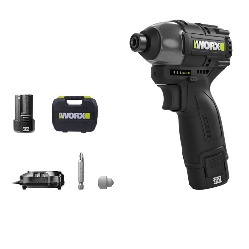 WORX 威克士 WE203 12V 無刷衝擊起子機套裝,包括主機、12V 2.0Ah 鋰電池、充電器及批咀