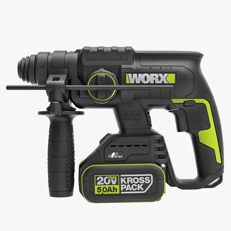 WORX 威克士 WU387.9 20V 22mm 無刷鋰電三用電錘(淨機)白底產品圖,配輔助手柄及深度尺;圖中鋰電池不隨機附送