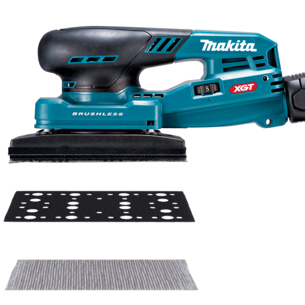 Makita BO005CGZ 砂光機裝上方形研磨底盤,並列出方形研磨底盤及砂紙