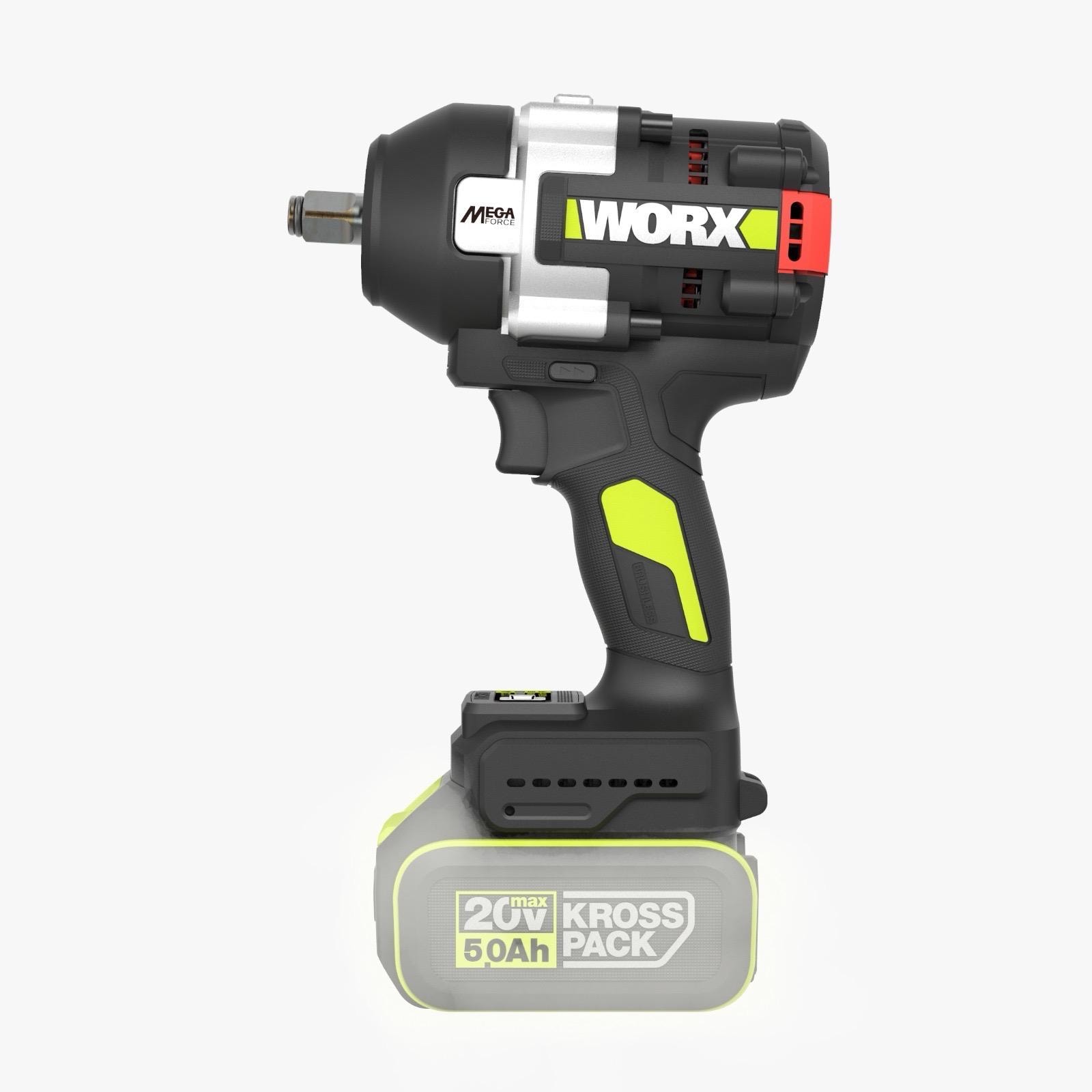 WORX 威克士 WU271.9 20V 無刷衝擊扳手斜側立體視角,MegaForce 標誌與防墜掛環