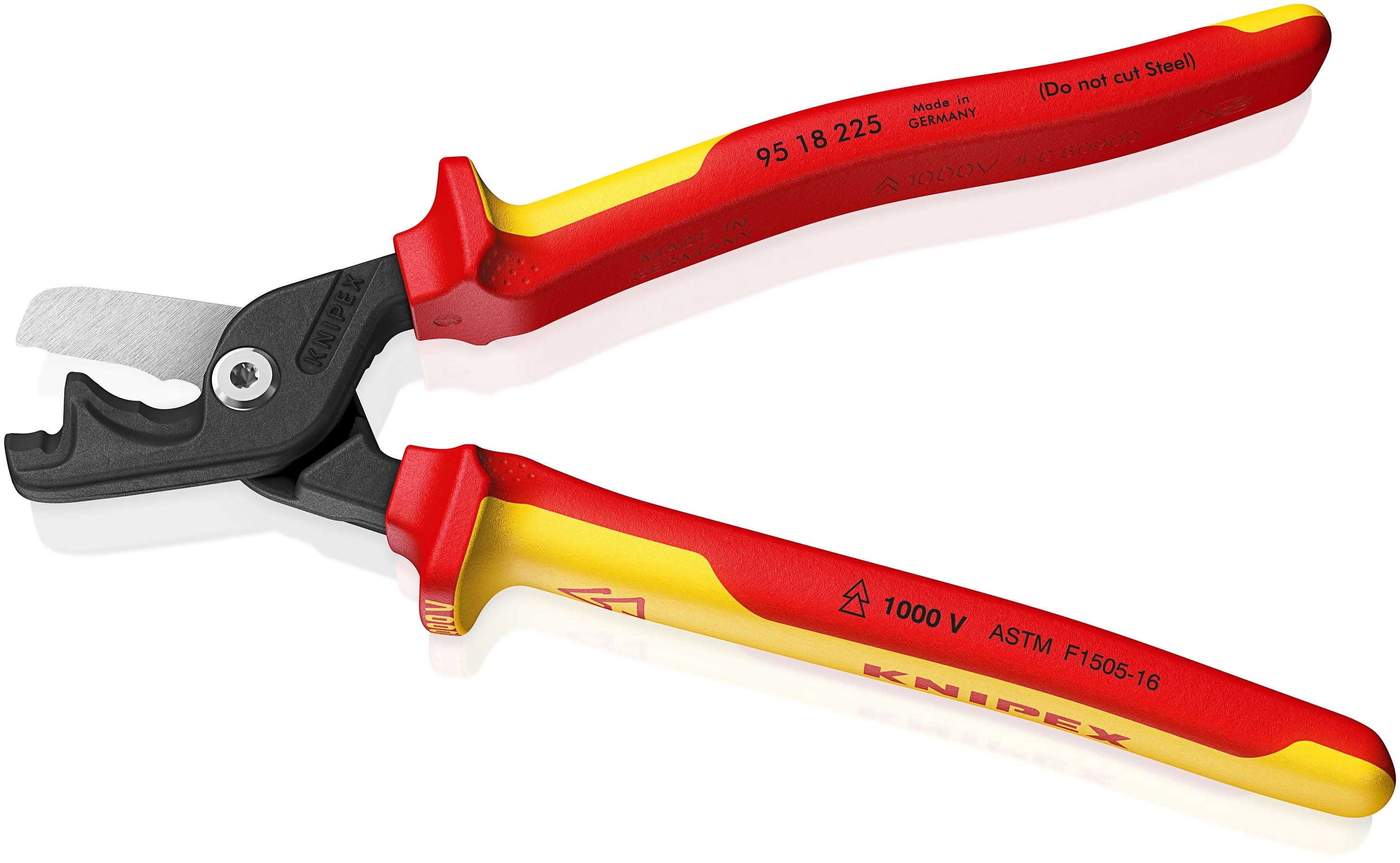 KNIPEX 95 18 225 紅膠柄雙刃電纜剪(正面)