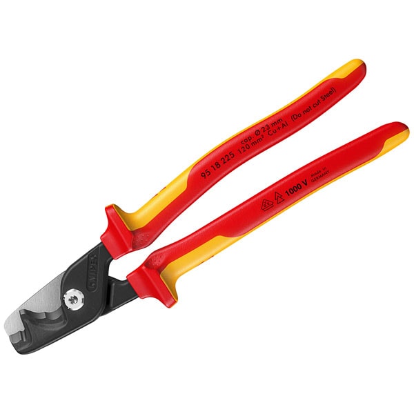 KNIPEX 95 18 225 紅膠柄雙刃電纜剪(四分之三側面)