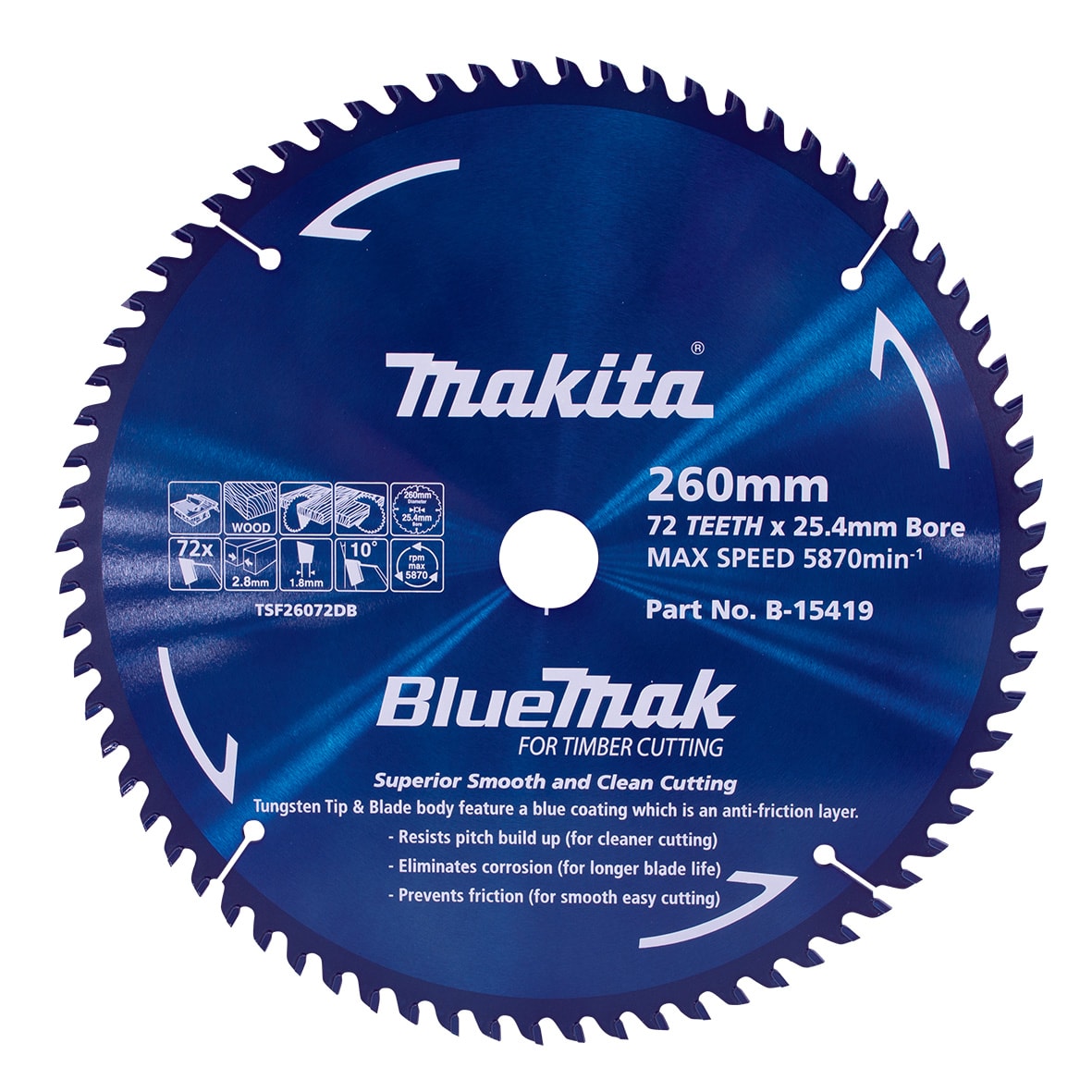 Makita B-15419 硬質合金鋸片260X25.4X72T(正面)