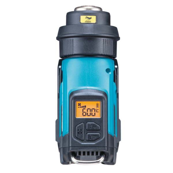 Makita HG001GZ02 熱風槍正面圖,顯示背光 LCD 顯示屏及控制按鍵