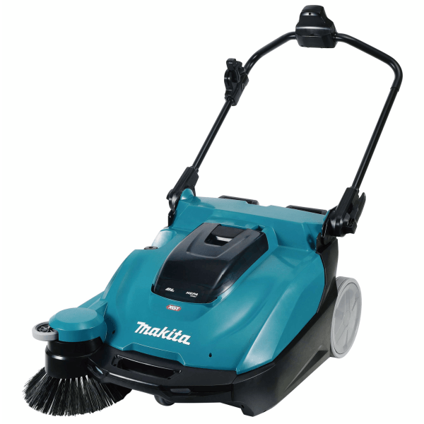 Makita 牧田 VS001GZ 40V 充電式掃地吸塵機(淨機)整機斜前方外觀,可見邊刷及摺疊式手柄