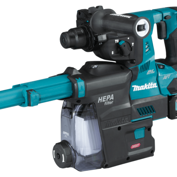 Makita 牧田 HR001GM201 充電式電錘配搭 HEPA 濾網集塵器的近攝圖,可見 SDS-PLUS 夾頭及模式切換掣