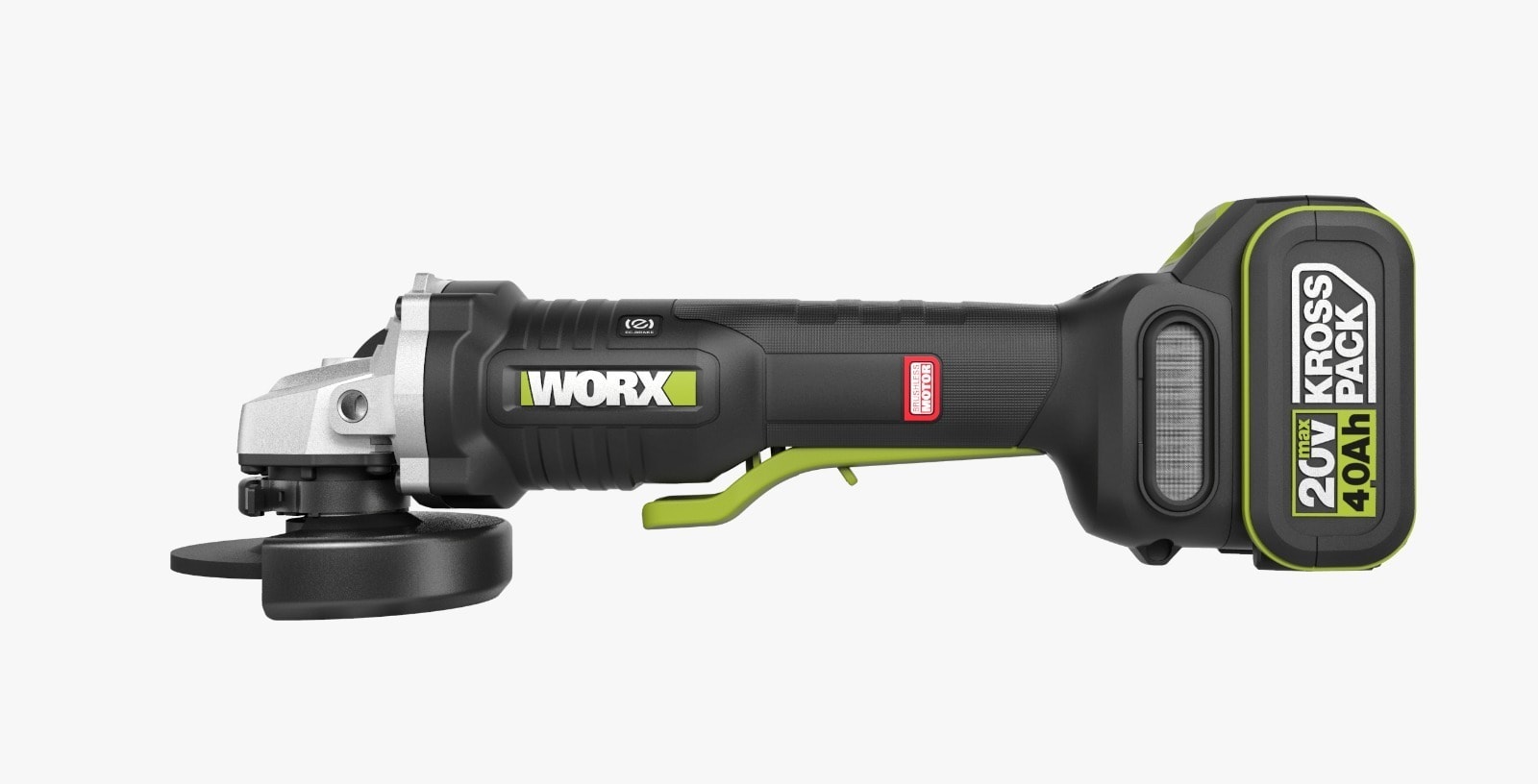 WORX 威克士 WU835 20V 無刷 100mm 角磨機側面圖,可見槳式安全開關及金屬護罩