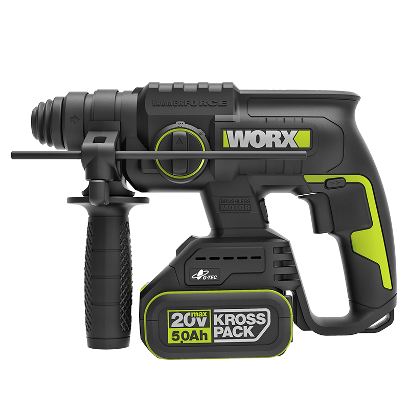 WORX 威克士 WU387.2 20V 無刷三用電錘,配 20V 5.0Ah 鋰電池、輔助手柄及深度尺