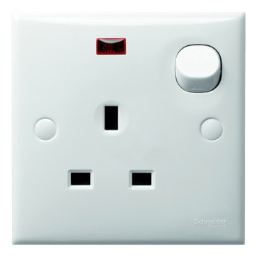 Schneider Electric S-Classic E15NR_WE_G2 白色 13A 單位連保護門有掣插座連指示燈正面圖