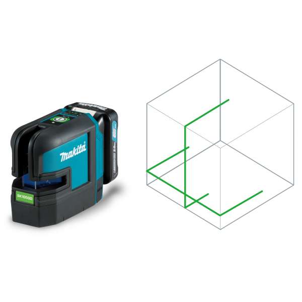 Makita 牧田 SK105GDZ 12V 充電式綠光平水儀機身,旁附 1V1H 垂直及水平雷射光束示意圖