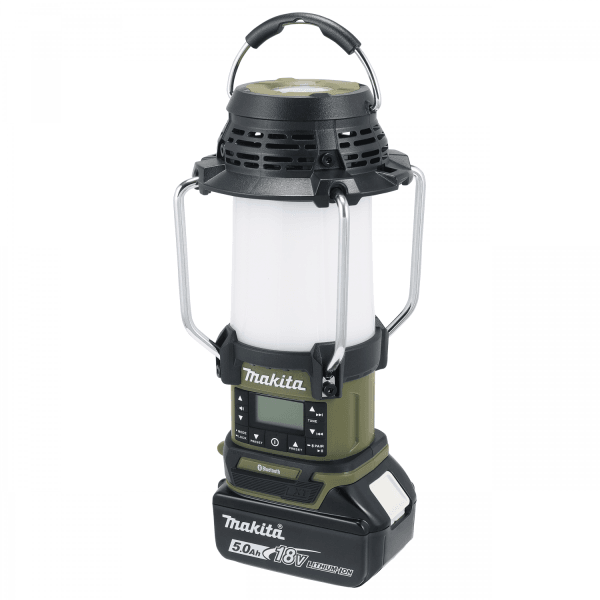 Makita 牧田 DMR057O 18V 充電式提燈收音機(橄欖綠)整機正面圖,附裝 18V 電池