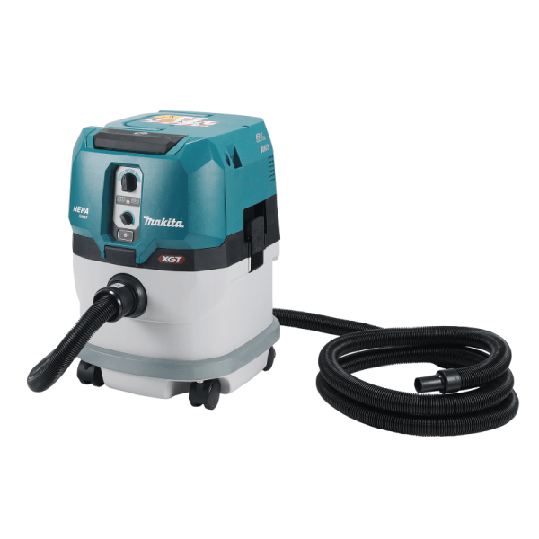 Makita VC004GLZ04 40V 充電式集塵機 15L 主圖,藍白色機身連捲起的軟管