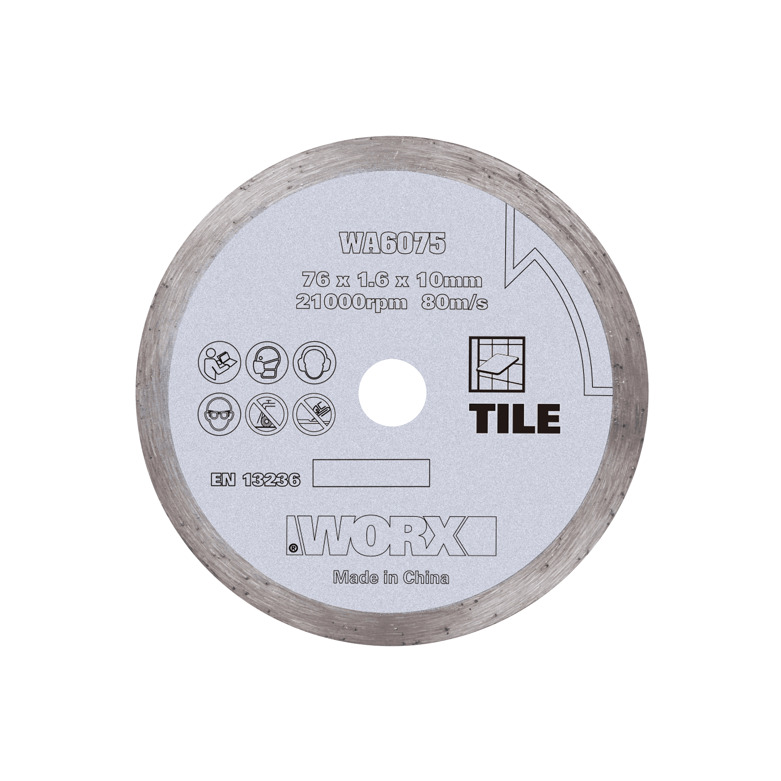 WORX 威克士 WA6075 76mm 金剛石瓷磚切割片正面圖,標示 76 x 1.6 x 10mm 及 21000rpm
