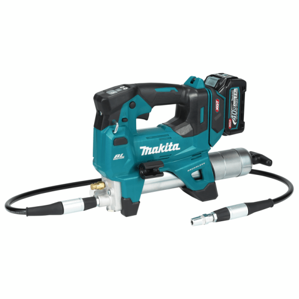 Makita 牧田 GP001GZ 40V 充電式黃油槍全機外觀,配潤滑油罐及軟喉