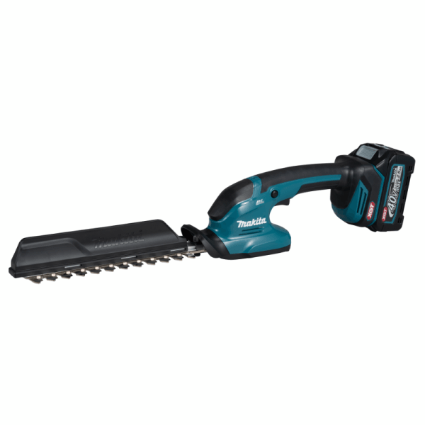 Makita 牧田 UH023GZ 40V XGT 充電式籬笆修剪機正面全機圖,裝上鋸片套及電池