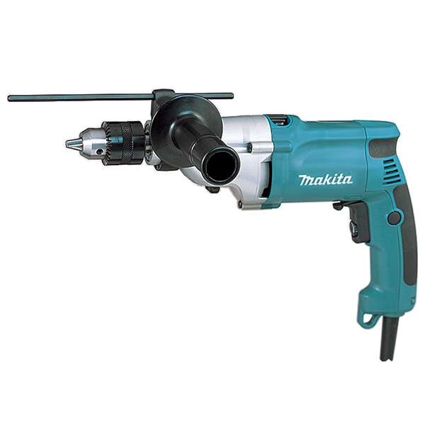 Makita 牧田 HP2050(110V) 衝擊電鑽側面全機圖,已裝上側柄、深度規及夾頭匙