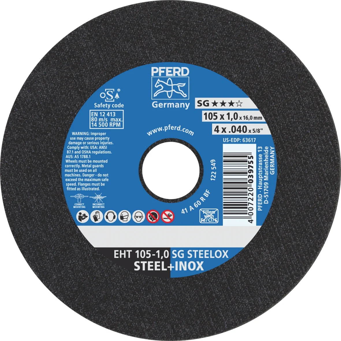 PFERD 馬圈 PFEEHT105 100mm 特薄不銹鋼咭碟(正面)