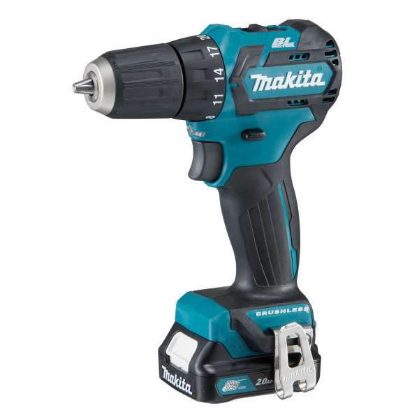 Makita 牧田 DF332DSME 12V 充電式起子電鑽,配電池的正面斜角產品圖