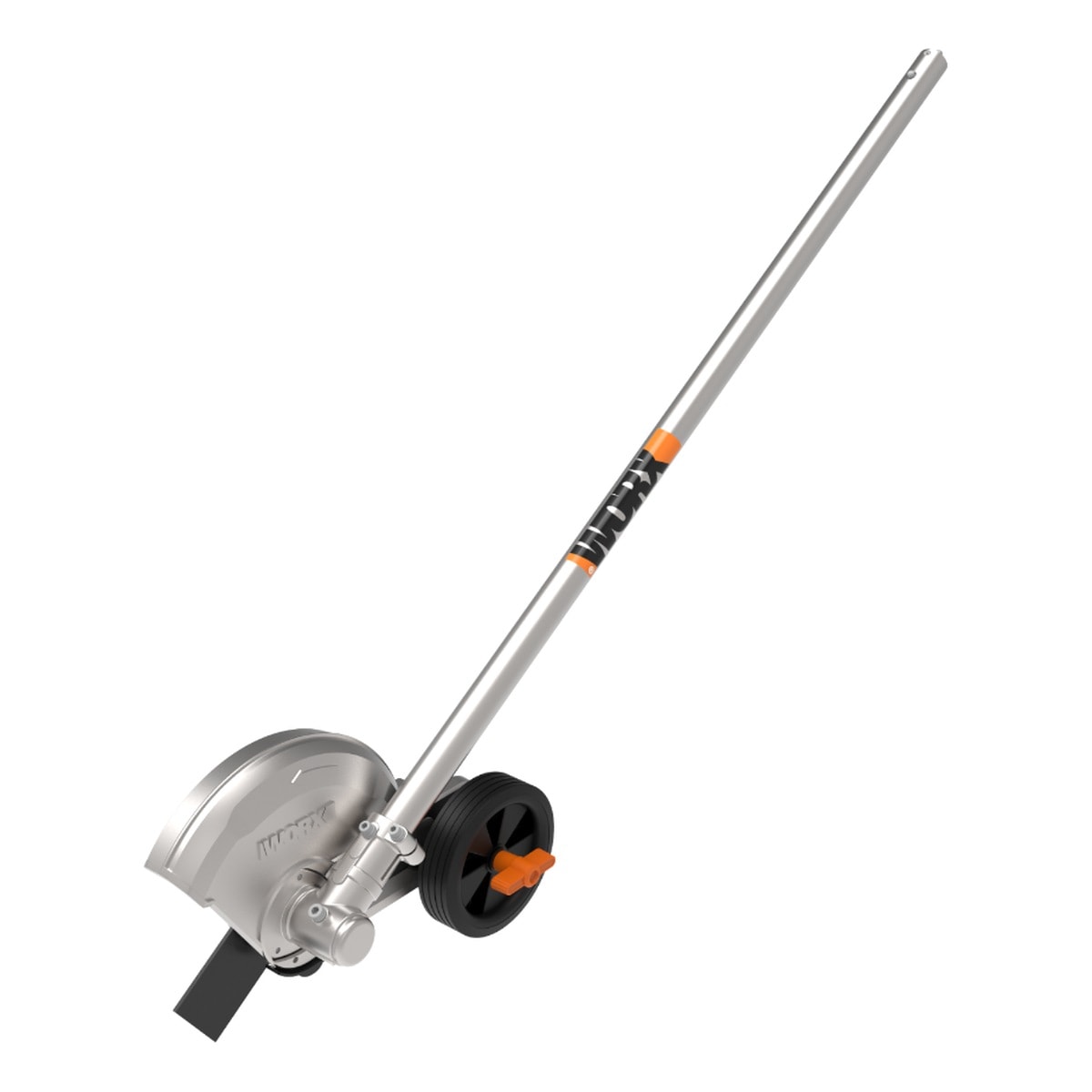WORX 威克士 WA0223 20cm 草坪修邊工作頭正面全貌,可見鋼刀片、金屬護罩、可調高度導輪及接桿