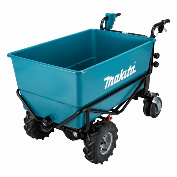Makita 牧田 DCU605Z 18Vx2 充電式四輪搬運車淨機,藍色車斗連黑色車架斜前方視圖