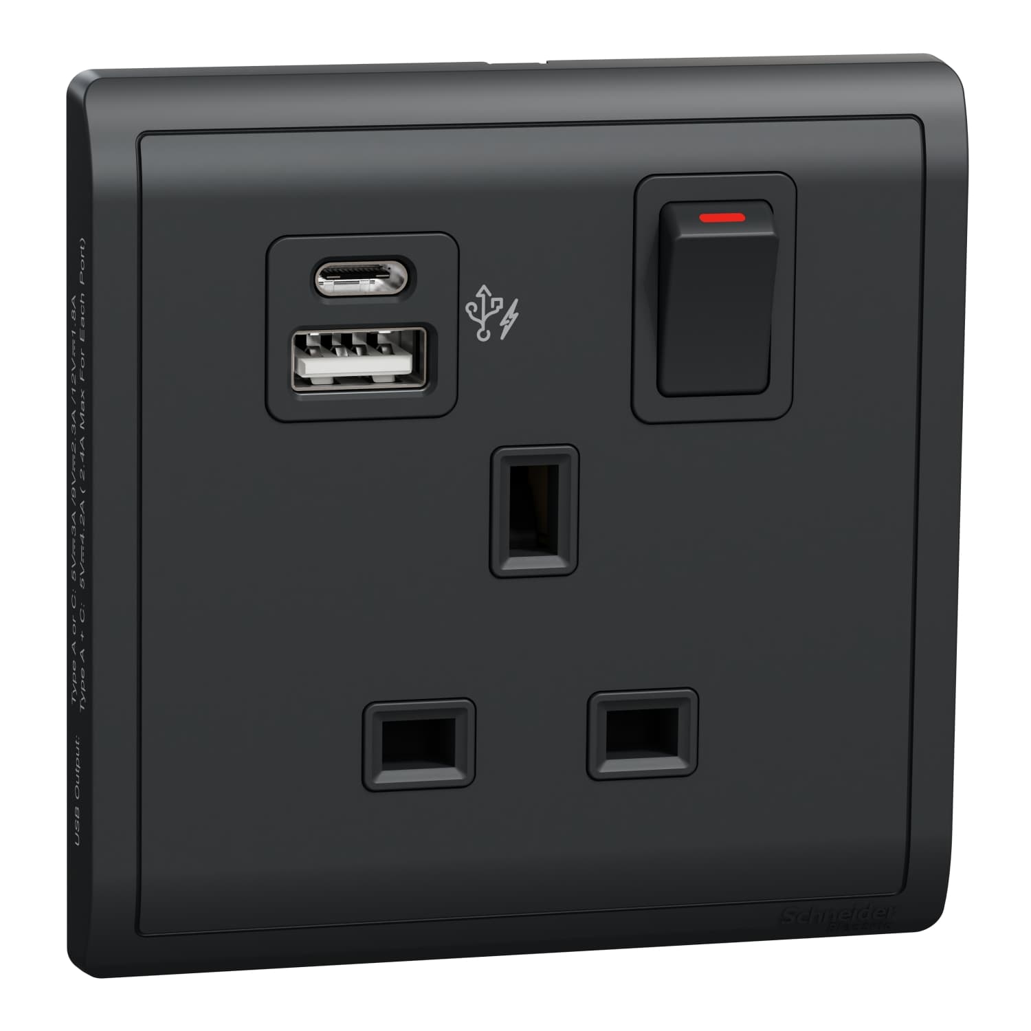 Schneider 施耐德電氣 Pieno 丰尚 13A 單位連保護門有掣雙極插座連兩位USB快速充電插座 Type A+C E8215DACUSB_MB(寫意黑)香港行貨